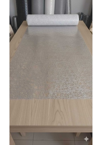 140 X 200 Cm Silinebilir Lüks Masa Örtüsü Şeffaf Hasır Desen Gri Çok Renkli