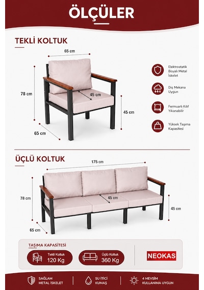Neokas Bahçe Takımı, 1+1+3, Balkon Mobilyası, Kafe Koltuğu, Bekleme Alanı Koltuğu