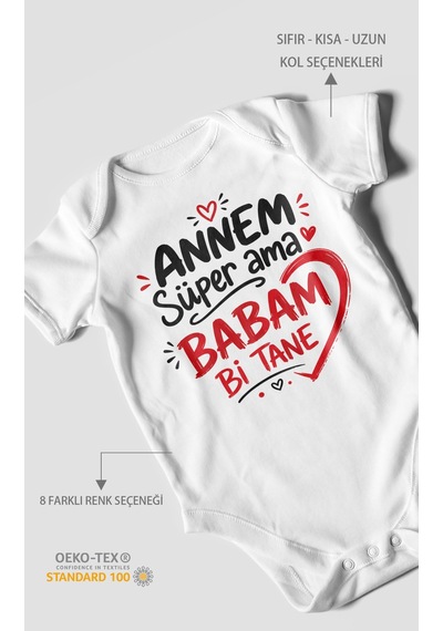 Morivokids Annem Süper Ama Babam Bi Tane Kısa Kollu Bebek Body %100 Pamuk Beyaz