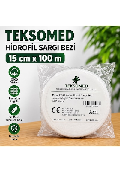 Teksomed Hidrofil Sargı Bezi 15 Cm X 100 Metre Yüksek Emici, Yumuşak Ve Hava Geçirgen 2 Adet