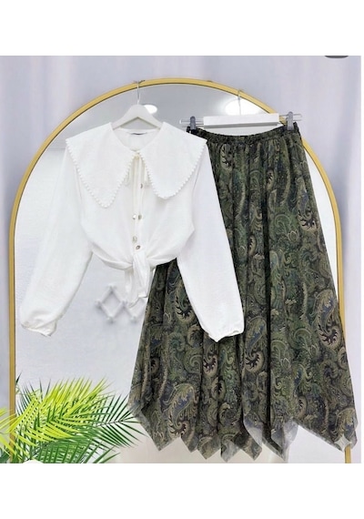 Lovie Moda Kadın Beyaz Gömlekli Tül Etek Takım - Haki Bordo