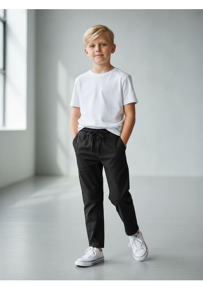 Zekids Erkek Çocuk Esnek Kumaş Beli Lastikli Pantolon-16399 Siyah