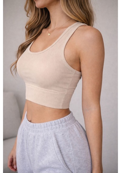 Enva Store Kadın Ribana Askılı Fitilli Crop Bej