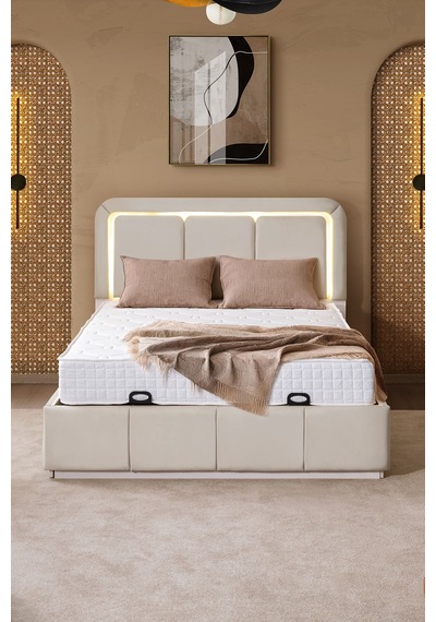 Demonte Baza Seti, Nox Ledli Çift Kişilik Baza Başlık Maxi Yatak Seti, Bej - 160x200 Cm 160 x 200