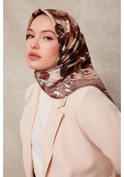 Levidor Desenli Twill İpek Eşarp-0918 Sütlü Kahve