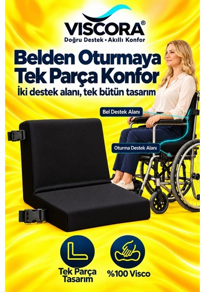 Tekerlekli Sandalye Minderi Tek Parça Visco Destek Ve Oturma Minderi, Klipsli Siyah