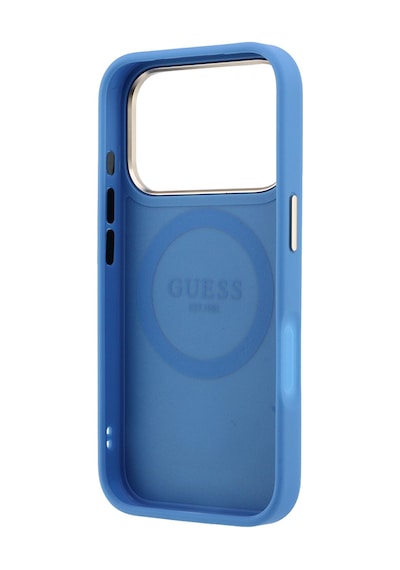Apple iPhone Uyumlu 18 Pro Kılıf Guess  Lisanslı M-safeli Deri 4g Desenli Şeritli Yazı Logolu Kapak Mavi