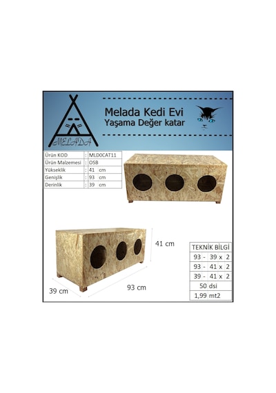 Melada Kedi Evi Dış Ortam Uygun 3'lü Ahşap Kedi Evi Osb 93x41x39 Cm