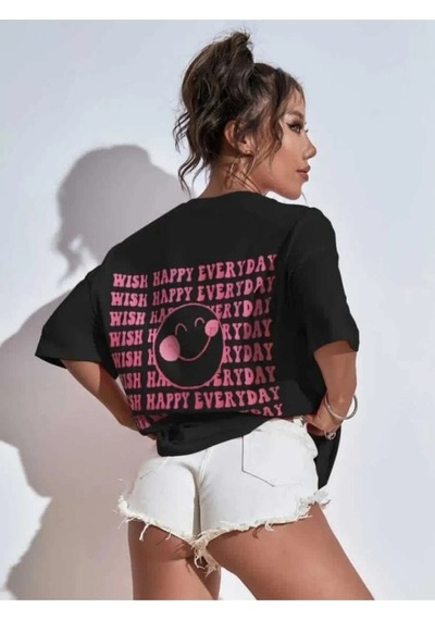 Flood Of Style Kadın Siyah Wish Happy Everyday Baskılı Oversize T-shirt