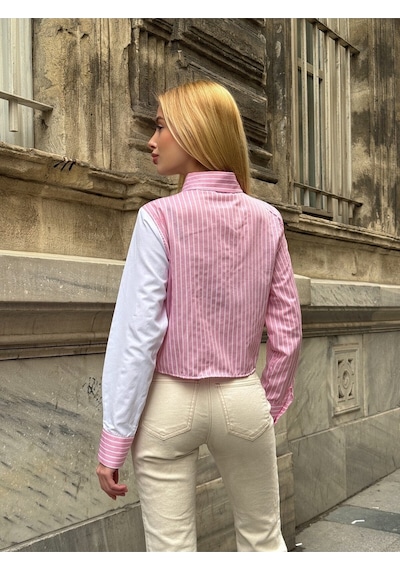 Mamayaga Kadın Özel Tasarım Yaka Kol Düğmeli Çizgi Garnili Crop Boy Tesettüre Uygun Bluz Gömlek Pudra