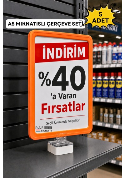 5 Adet - A5 Mıknatıs Tutuculu Fiyatlık Etiketlik Dikey Yatay Ve Bilgilendirme Çerçevesi Turuncu