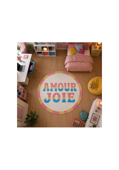 "aura" Serisi - Amour Joie Yazılı Retro Yuvarlak Krem Pembe Sarı Pastel Dokuma Taban Dekoratif Halı Aura27 Çok Renkli