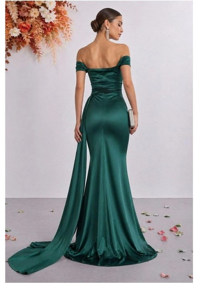 Saten Kayık Yaka Kumaş Elbise Abiye Maxi Zümrüt