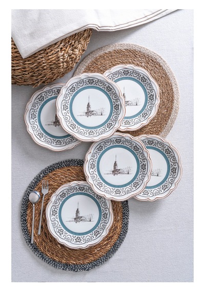 Kız Kulesi Desenli Porselen Pasta & Tatlı Tabağı Takımı İstanbul Motifli 6 Kişilik 6 Parça 21 Cm Beyaz