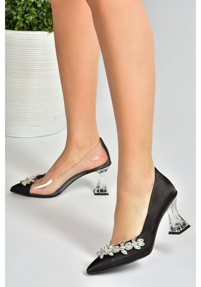 Fox Shoes Siyah Saten Kumaş Taşlı Kadın Ayakkabı M246013204 Siyah