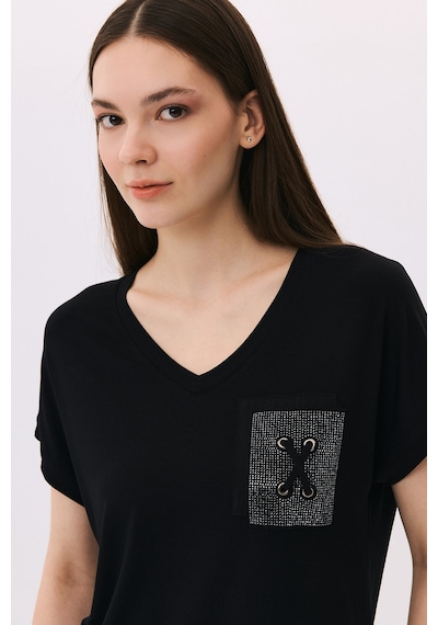 Daido Kadın V Yaka Düşük Kollu Penye T-shirt 6226 Siyah