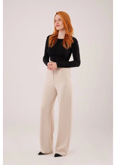 Defymoda Yüksek Bel Bol Paça Krep Krem Pantolon Krem