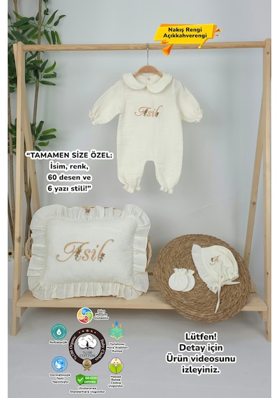 Gros Shop Müslin Yeni Doğan 4katlı Organik %100pamuk Kişiye Özgü Nakışlı Hastane Çıkış Seti Papatya Model-3 Ekru-3