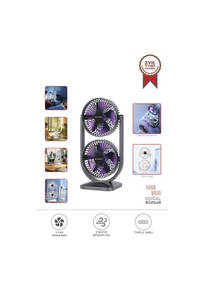 Torima F-22 Siyah Mini Fan Taşınabilir Çift Başlıklı Sessiz Vantilatör Type-c Girişli, 3 Kademeli Hız Ayarı