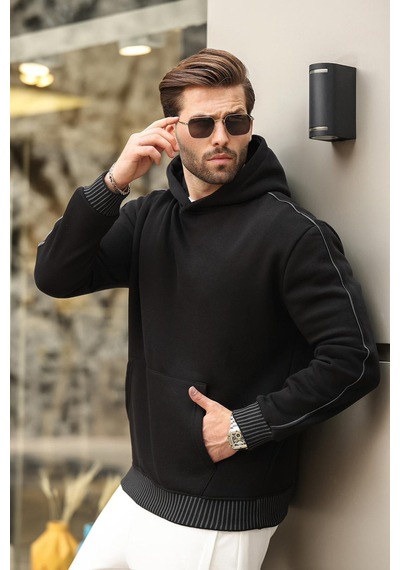 Madmext Siyah Kapüşonlu Kanguru Cep Erkek Sweatshirt E7163 Siyah