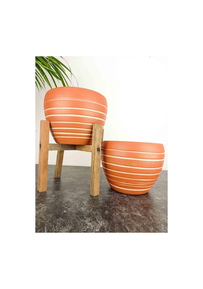 Bitki Tasarımı Doğal Beyaz Yan Çizgi Desen Terrakota Toprak Saksı İkili Set 4 Ayaklı-ayaksız 15 Cm