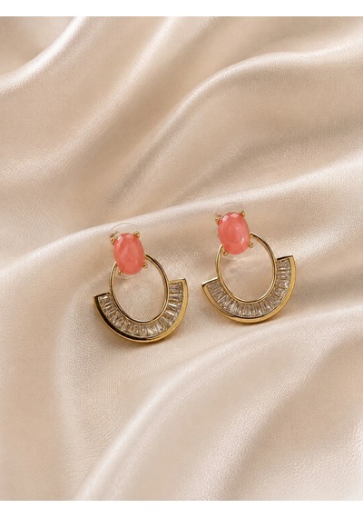 Pembe Taşlı Baget Halka Küpe
