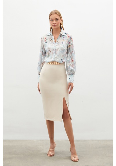 Sateen Zincir Detaylı Kalem Etek - Bej-131707 Bej