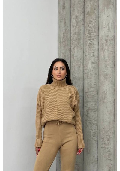 Neşeli Butik Kadın Camel Fitilli Balıkçı Yaka Alt Üst Triko Takım Nbdm1215