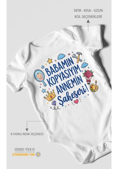 Morivokids Babamın Kopyasıyım Annemin Şaheseri Kısa Kollu Bebek Body %100 Pamuk Beyaz