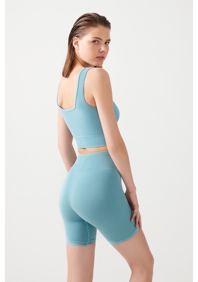 Los Ojos Kadın Mavi Yüksek Bel Fitilli Toparlayıcı Kısa Spor Tayt Ribbed Biker Mavi