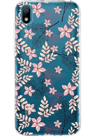Huawei Y5 2019 Uyumlu Kapak Floral Kırmızı Tasarımlı Şeffaf Silikon Kılıf