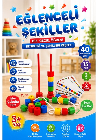 Eğlenceli Geometrik Şekiller İpe Boncuk Dizme Oyunu Renk Eşleştirme Eğitici Motor Beceri Oyuncağı