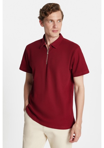 Tudors Erkek Slim Fit Dar Kesim %100 Pamuk Fermuarlı Bordo Polo Yaka Tişört-34590 Bordo