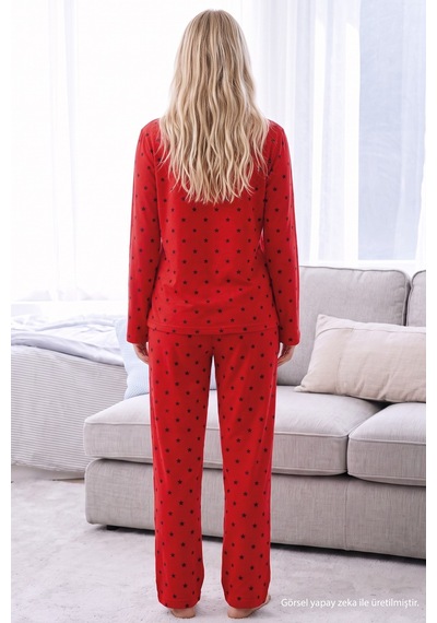 Siyah İnci Kırmızı Yıldız Desenli Termal Kumaşlı Ultra Soft Yumuşak Düğmeli Örme Pijama Takımı 26226124