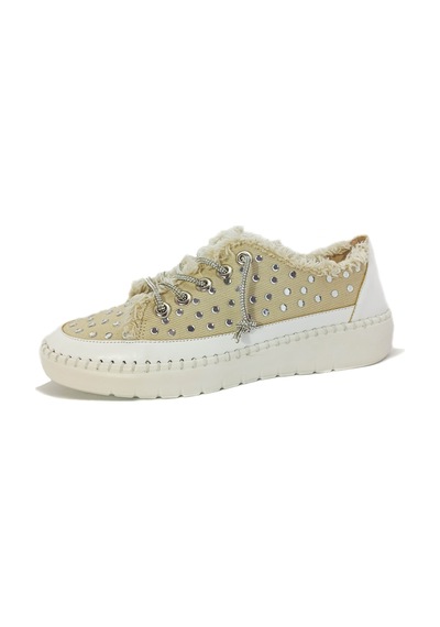 Krem Renk Taşlı Düz Taban Kadın Kot Sneakers Krem