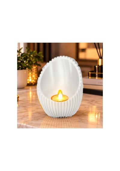 Dekoratif Oluklu Yumurta Formlu Tealight Mumluk Ve Masaüstü Düzenleyici 10x5 Cm - Beyaz