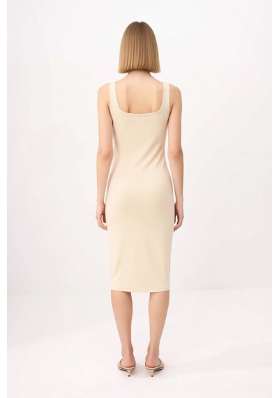Benerly Kadın Midi Bodycon Örme Elbise Kare Yaka Kalın Askılı Viskoz Liyo Taş