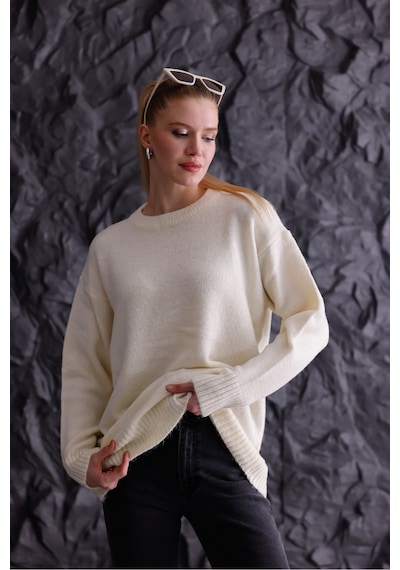 Qscob Bisiklet Yaka Oversize Basic Triko Kazak Bej