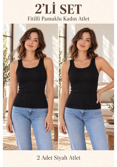 Erdenay Tekstil Fitilli Kalın Askılı Pamuklu Basic Kadın Atlet - Siyah 2'li Set Siyah 2li