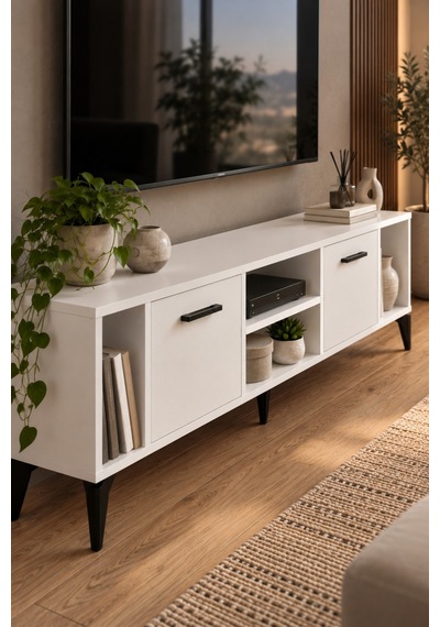Sulorahome Suntalam Tv Unit With Doors And Shelves 160x35 Cm Beyaz