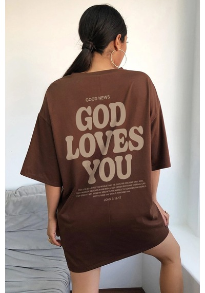Uyguntarz Good Loves You Baskılı Unisex Oversize Tshirt Kahverengi