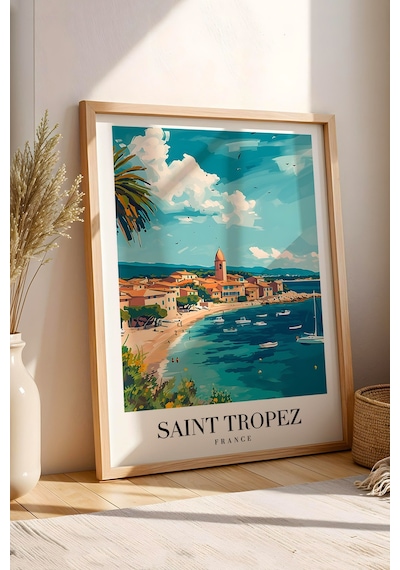 Saint Tropez France Vintage Seyahat Posteri Çerçeveli Tablo - Premium Akdeniz Sahil Duvar Dekoru Kayın