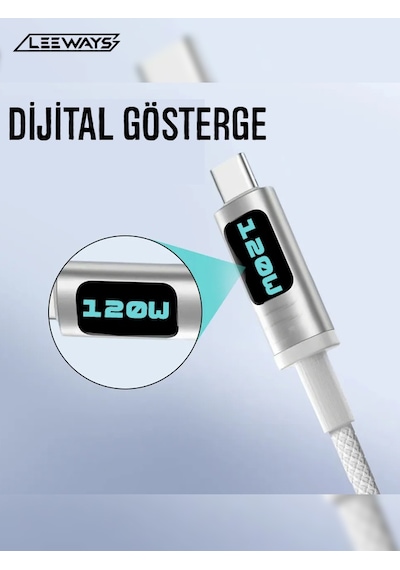 Leeways Dijital Göstergeli 120w Süper Hızlı Örgülü Type C To Type C Şarj Kablosu 1.2 Metre