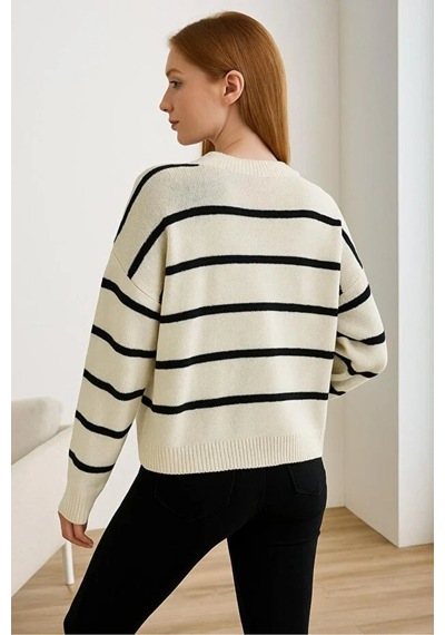 Fashion Friends Bisiklet Yaka Çizgili Bej Kadın Kazak 25k0093k1