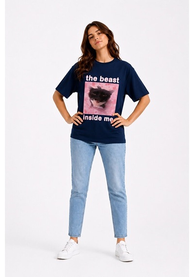 Nevermind The Beast Inside Me Baskılı Unisex Oversize Tişört Siyah Kedi Gra Lacivert Nevermind The Beast Inside Me Baskılı Unisex Oversize Tişört Siyah Kedi Gra Lacivert