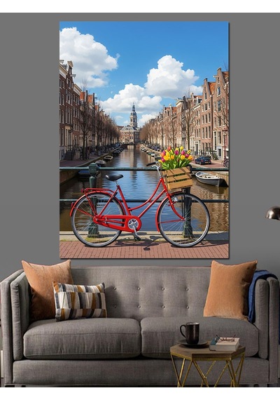 Ahşap Tablo Amsterdam Kanalları Ve Bisikletli Şehir Manzarası