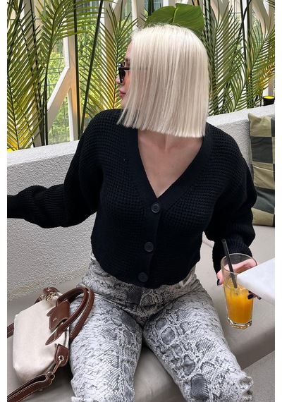 Madmext Siyah Uzun Kollu Düğmeli Crop Hırka Mg2198 Siyah