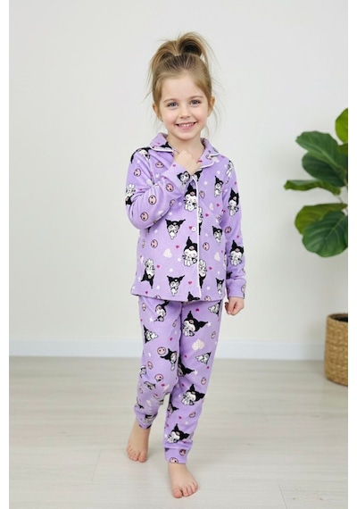 Miniğimin Cicileri Krm Desenli Süet Kız Çocuk Pijama Takımı - Lila