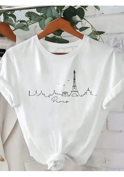 Flood Of Style Kadın Beyaz Çizgi Paris Baskılı Oversize