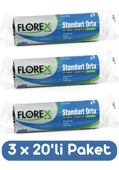Florex Standart Orta Boy Çöp Torbası 55x60 Cm 20'li Rulo Siyah 3 Rulo (60 Adet)